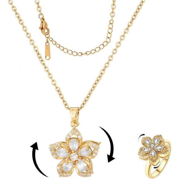 Women Flower Fidget White Set Necklace Rotatable Crystal Blossom Pendant - Picture 1 of 7